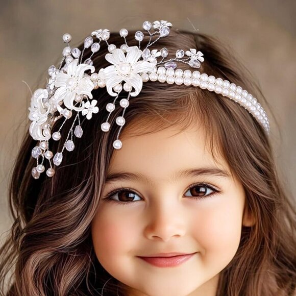 White Flower Girl Headband Pearl Wedding Hair Accessory for First Communion main image 5